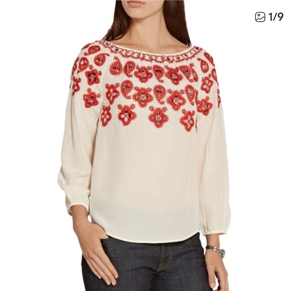 Tory Burch Leyla' Embellished Off the Shoulder Silk Top